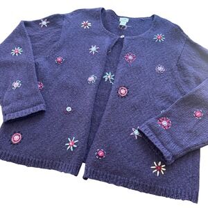 J. Jill Purple Floral Embroidered Pinwheel Linen Cotton Knit Cardigan Sweater XL